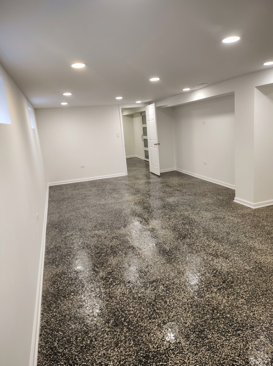 Basement remodel in Plainfield IL polished concrete floor