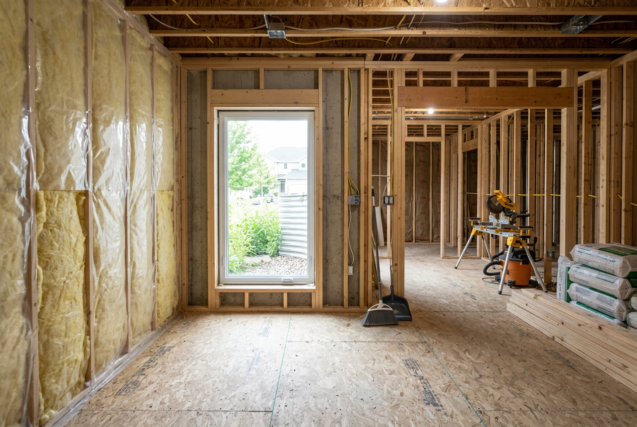 Unfinished basement with new framing, insulation and an egress window