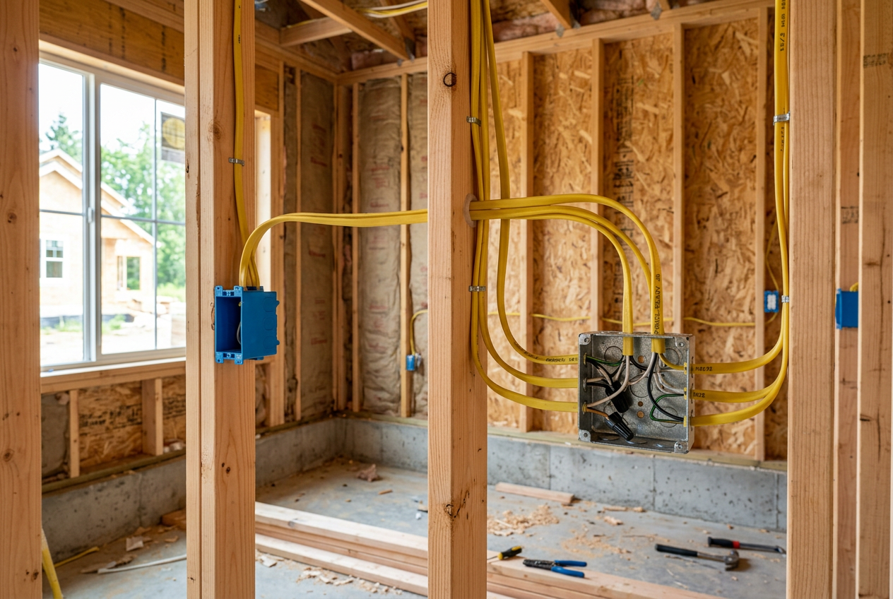 Electrical rough-in with outlet boxes and wiring in open stud walls